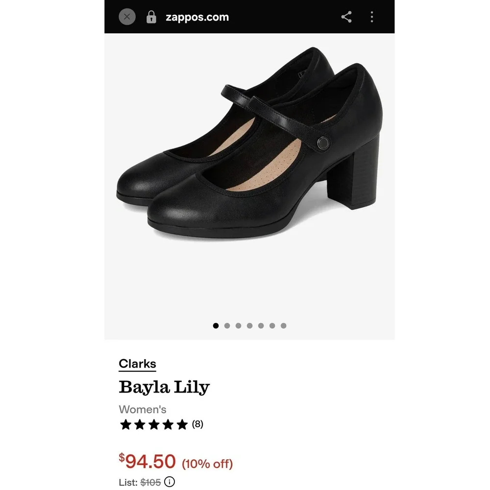 EUC Clarks Bayla Lily Mary Jane Pump Black Leather Block Heel Womens 7.5
